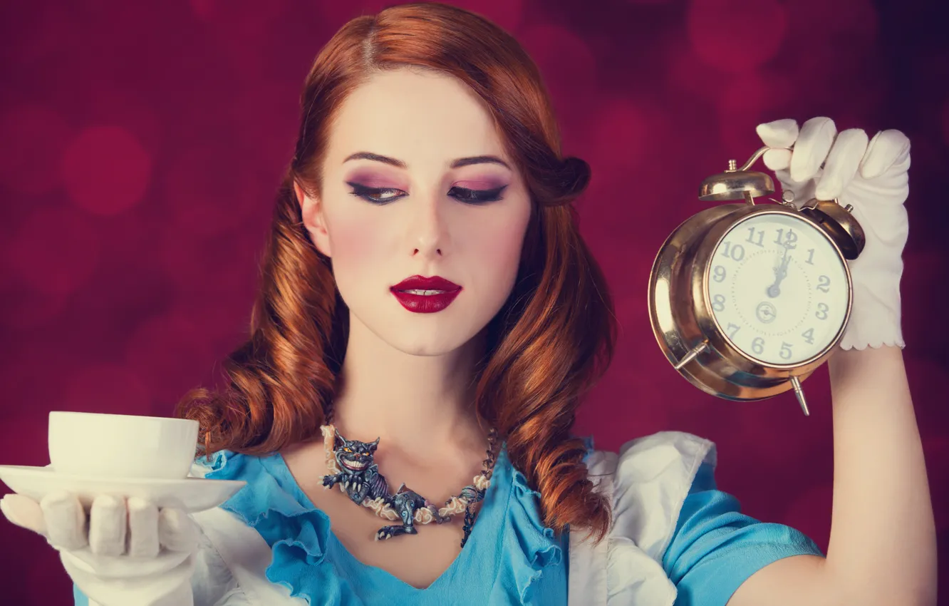 Photo wallpaper look, girl, blue, makeup, dress, alarm clock, Cup, gloves