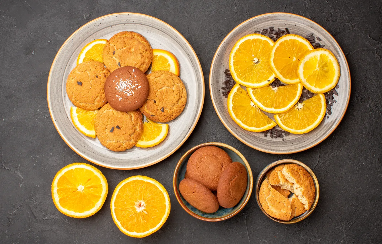 Photo wallpaper orange, cookies, plate, bowl, grey background, slices, oatmeal cookies