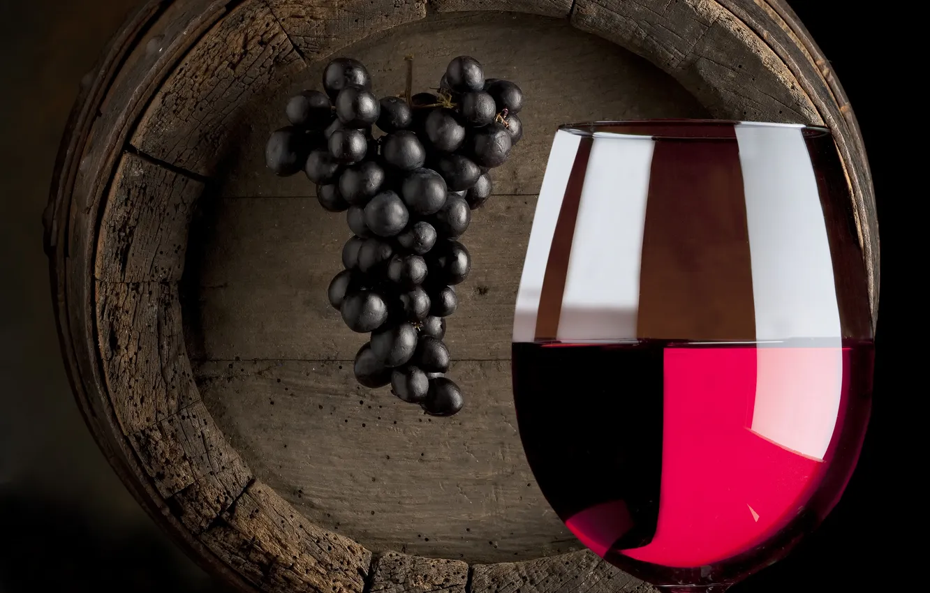 Photo wallpaper red, wine, glass, grapes, drink, barrel