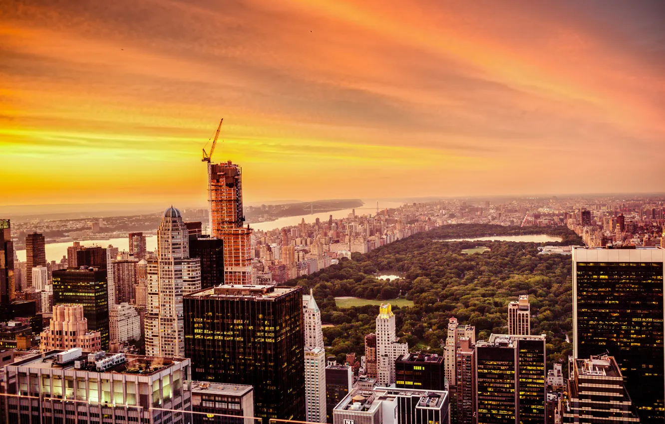 Photo wallpaper the sky, trees, sunset, New York, USA, skyscrapers, Central Park, Central Park