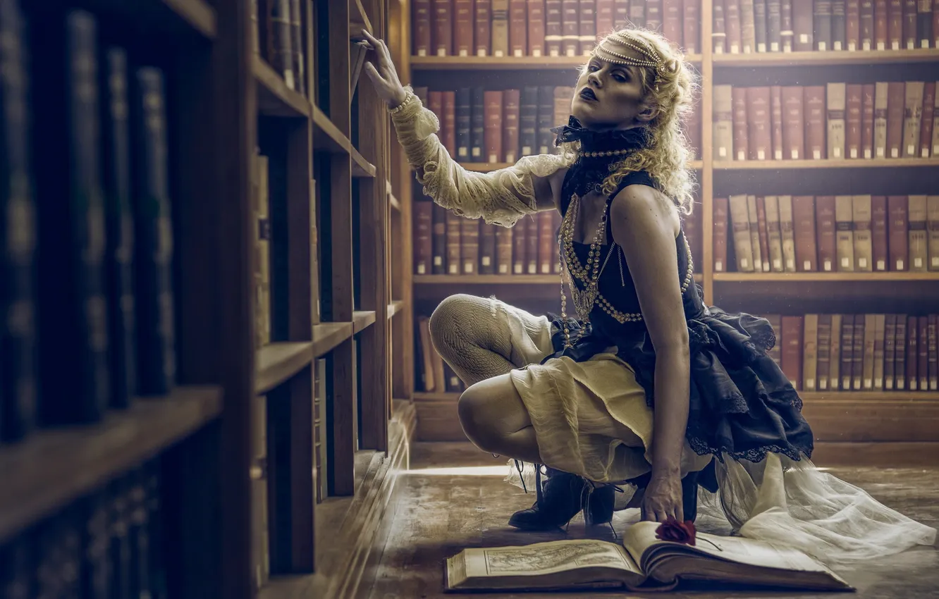 Photo wallpaper girl, book, library