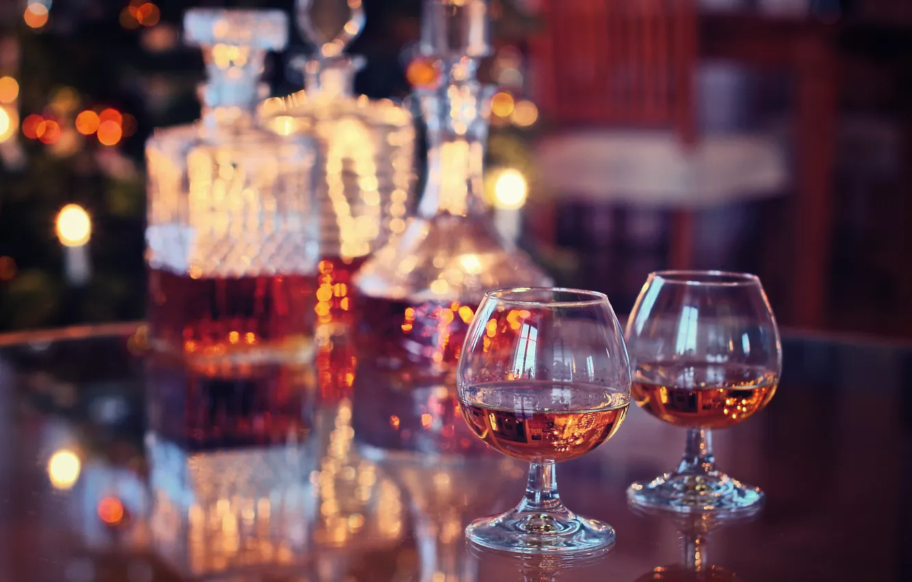 Photo wallpaper table, holiday, glass, drink, cognac, whiskey, bokeh, Bourbon