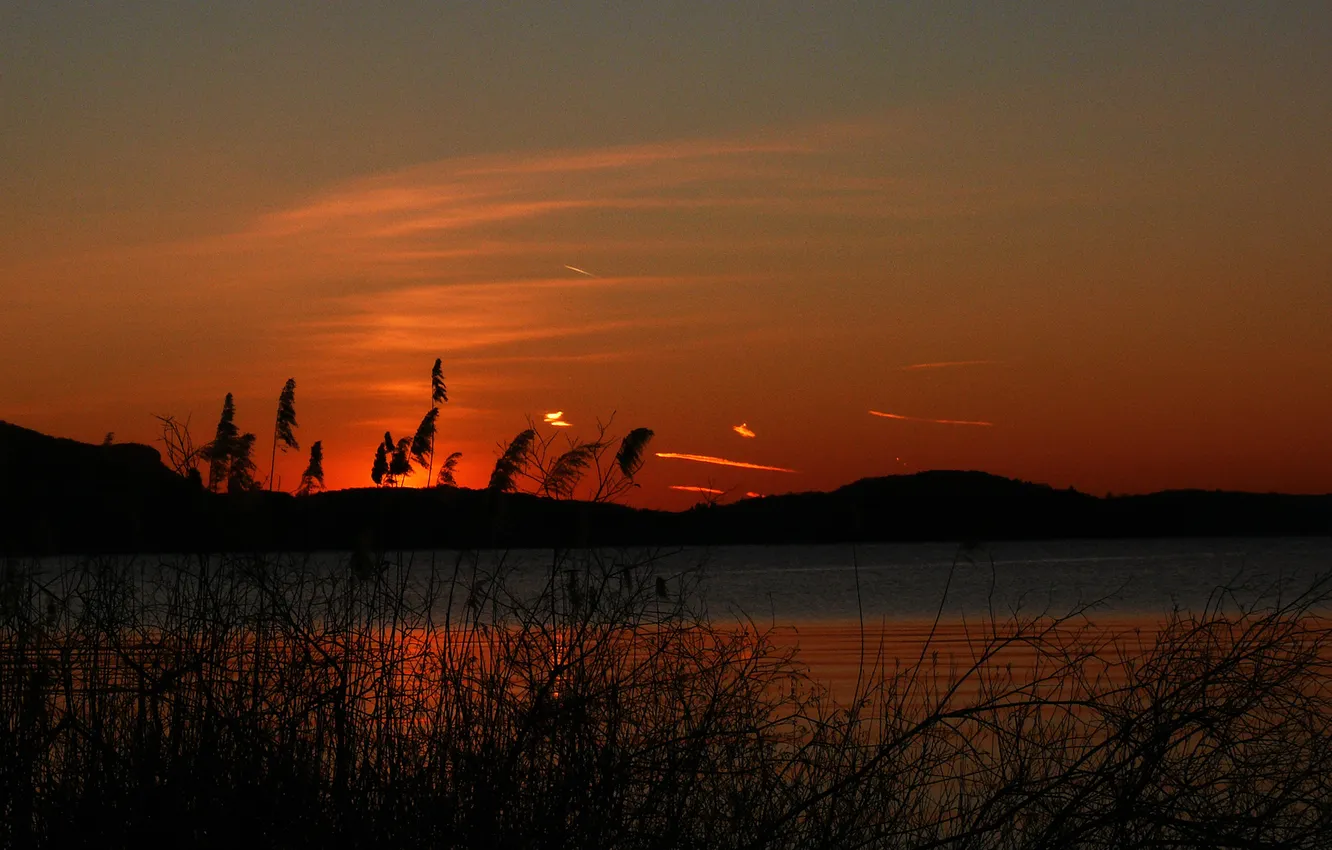 Photo wallpaper the sky, clouds, sunset, mountains, lake, plant, glow