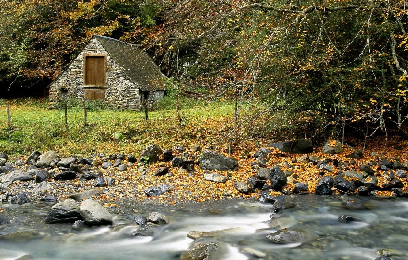 Photo wallpaper autumn, forest, leaves, river, stream, stones, Nature, house