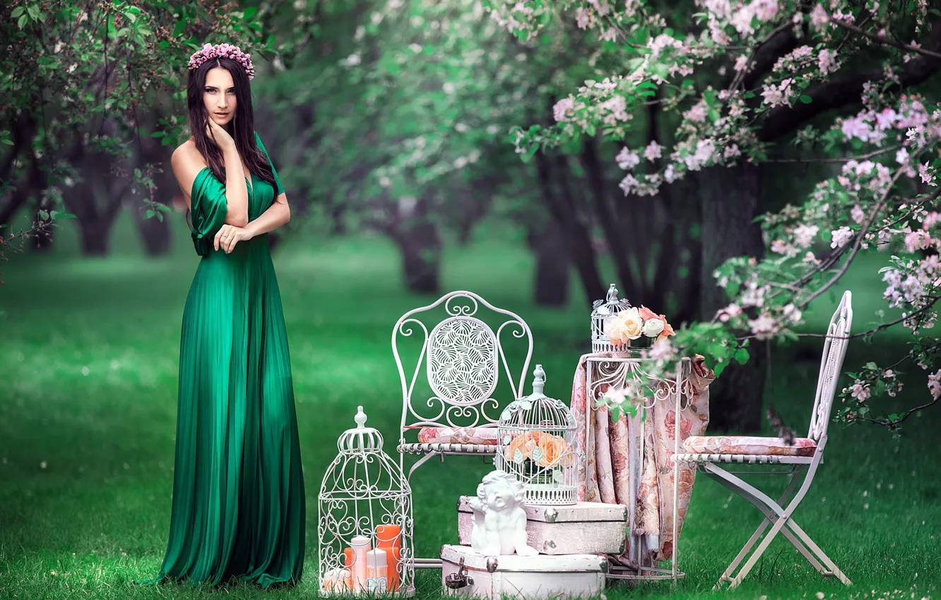 Photo wallpaper greens, look, angel, cell, dress, brunette, chair, wreath