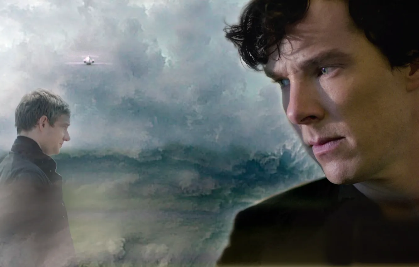 Photo wallpaper sadness, collage, the plane, Sherlock Holmes, Martin Freeman, Benedict Cumberbatch, Benedict Cumberbatch, Sherlock
