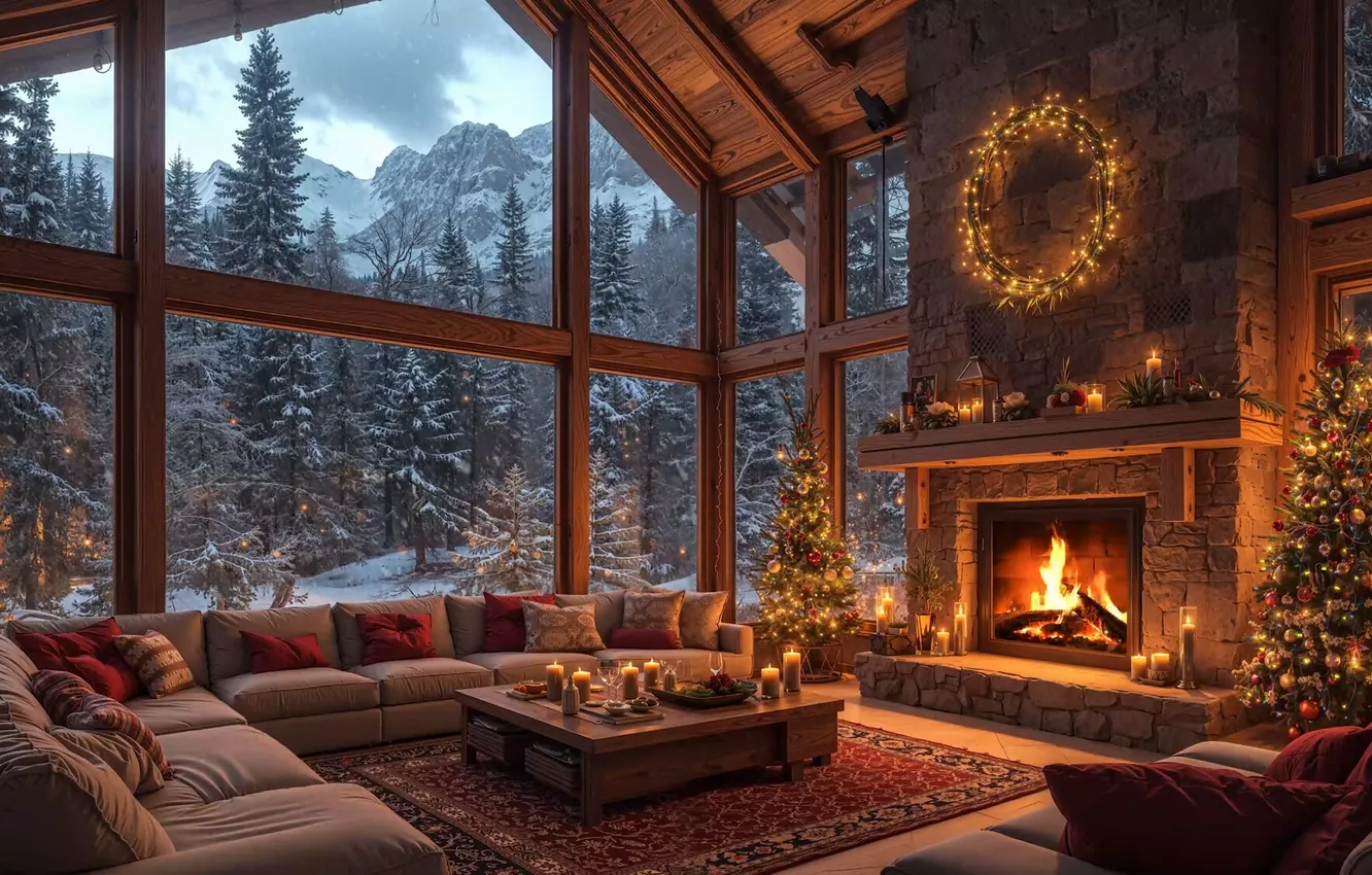 Photo wallpaper mountain, snow, Christmas tree, fireplace, decorations, chalet, lights Christmas