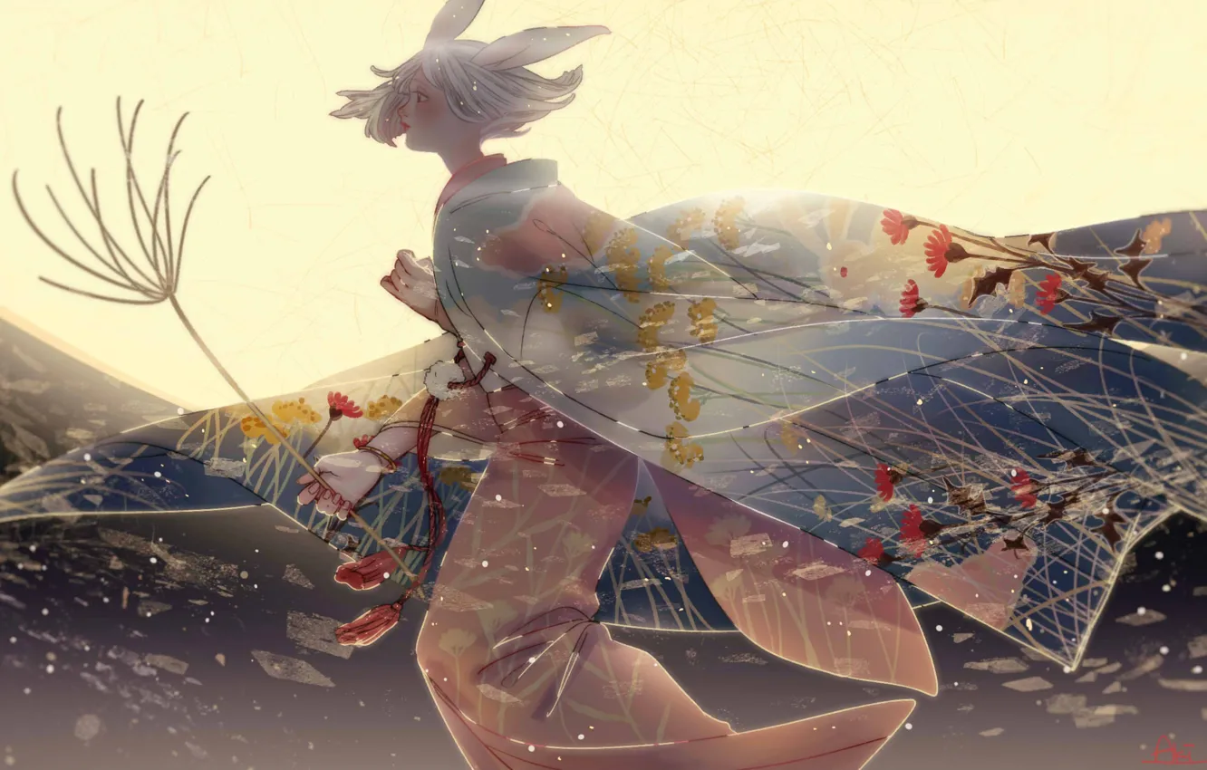 Photo wallpaper girl, flowers, night, the moon, kimono, runs, rabbit ears