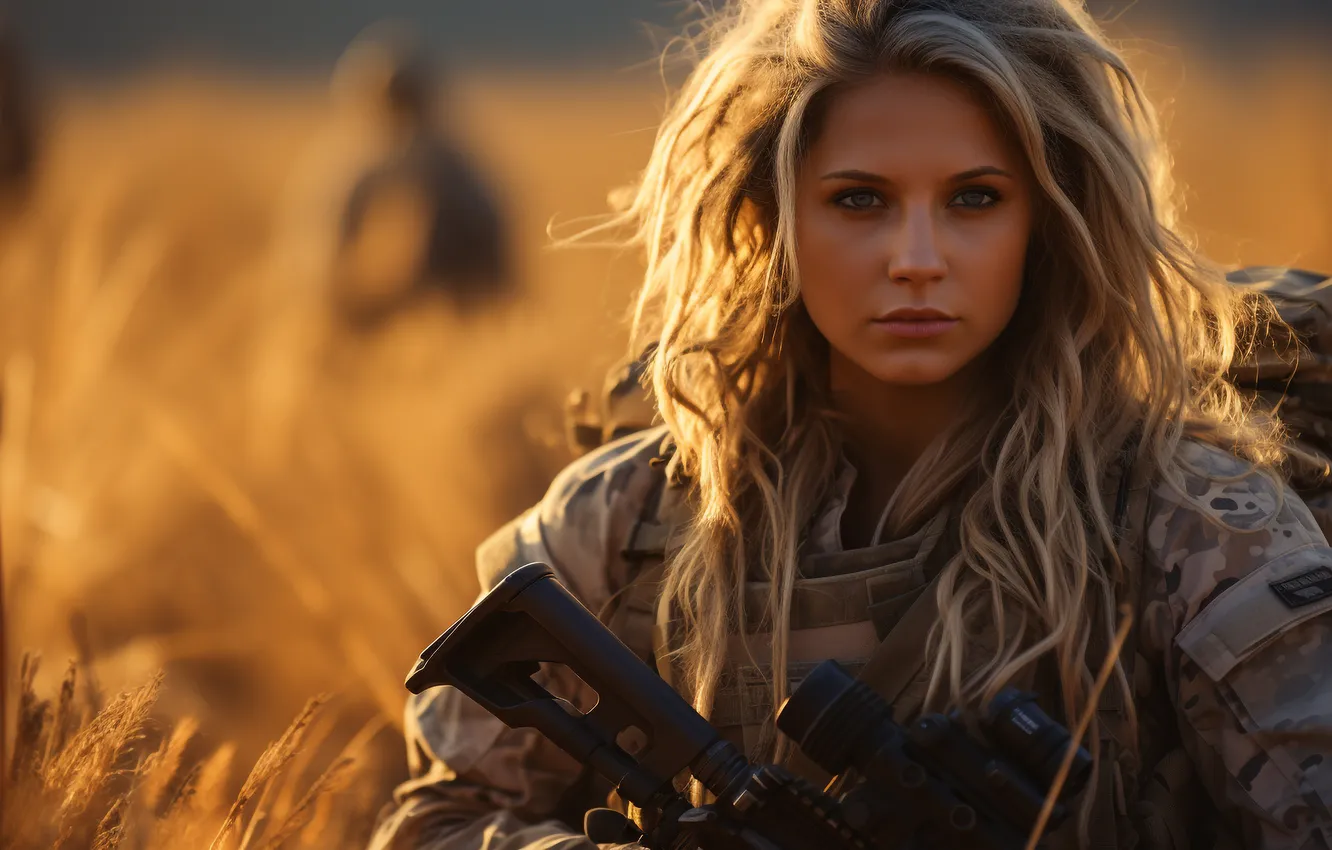 Photo wallpaper Girl, Look, Blonde, Hair, Soldiers, Machine, Digital art, AI art