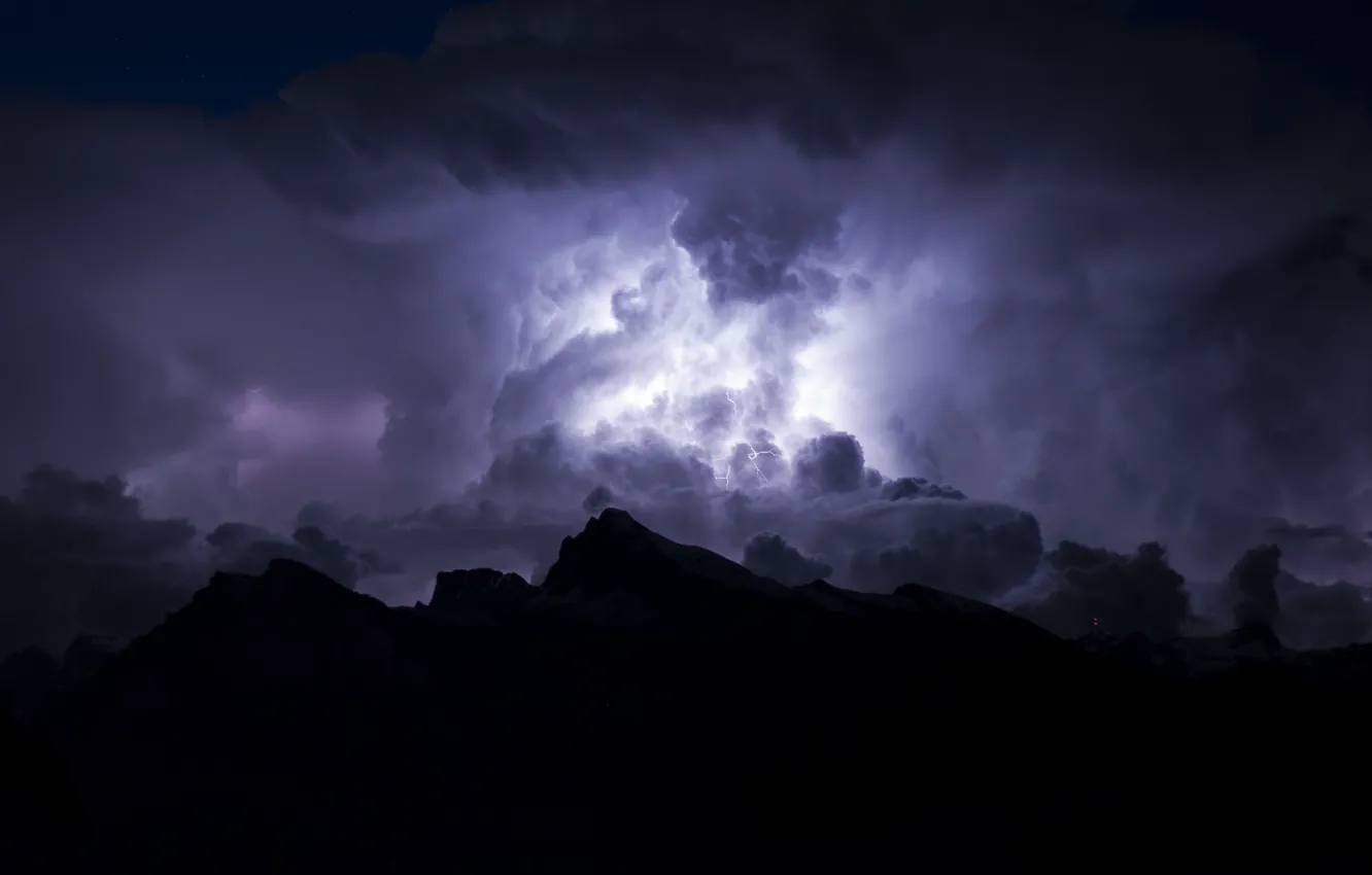 Photo wallpaper mountains, night, clouds, storm