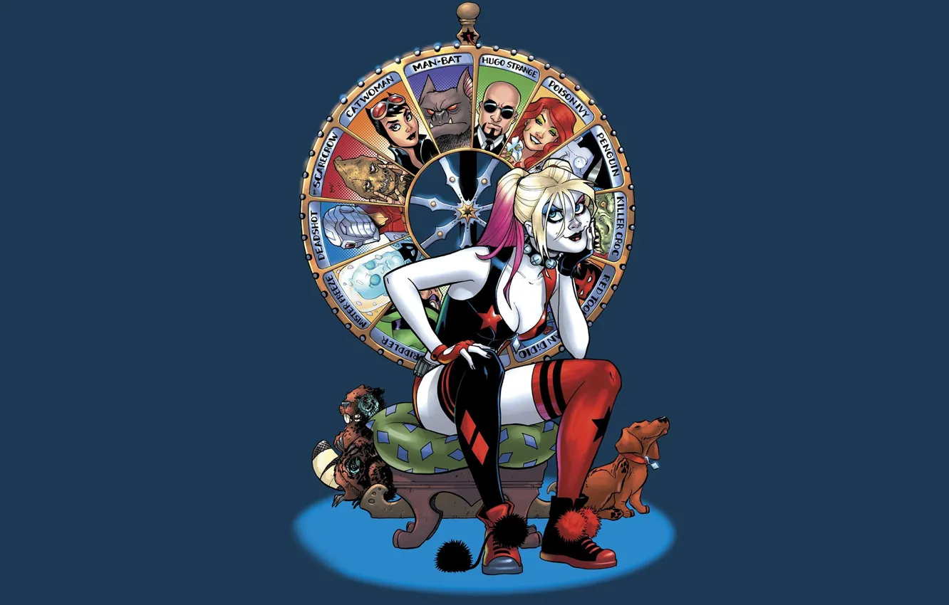 Photo wallpaper fantasy, dog, artwork, superhero, fantasy art, DC Comics, sitting, Harley Quinn