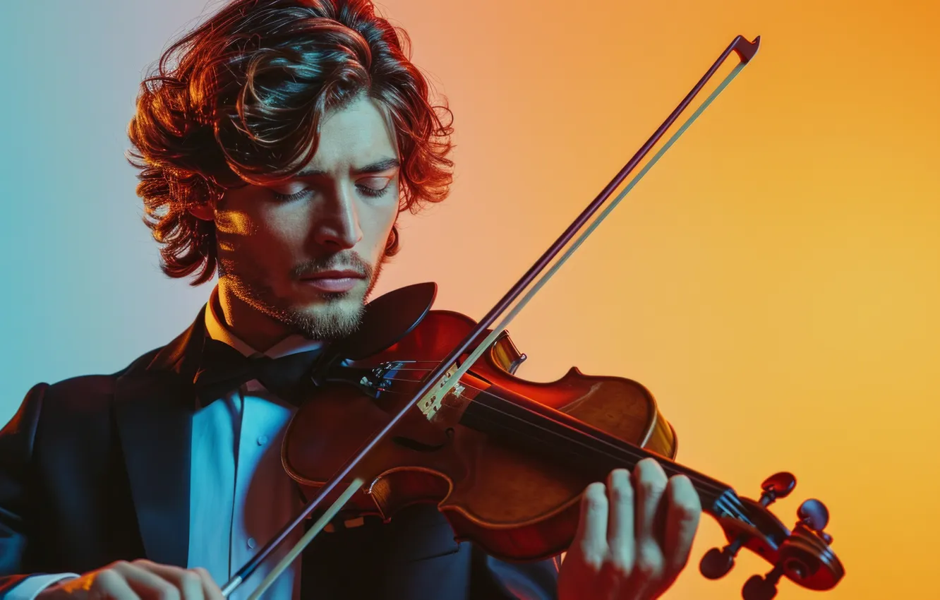 Photo wallpaper music, violin, the game, male, musician, violinist, yellow background, musical instrument