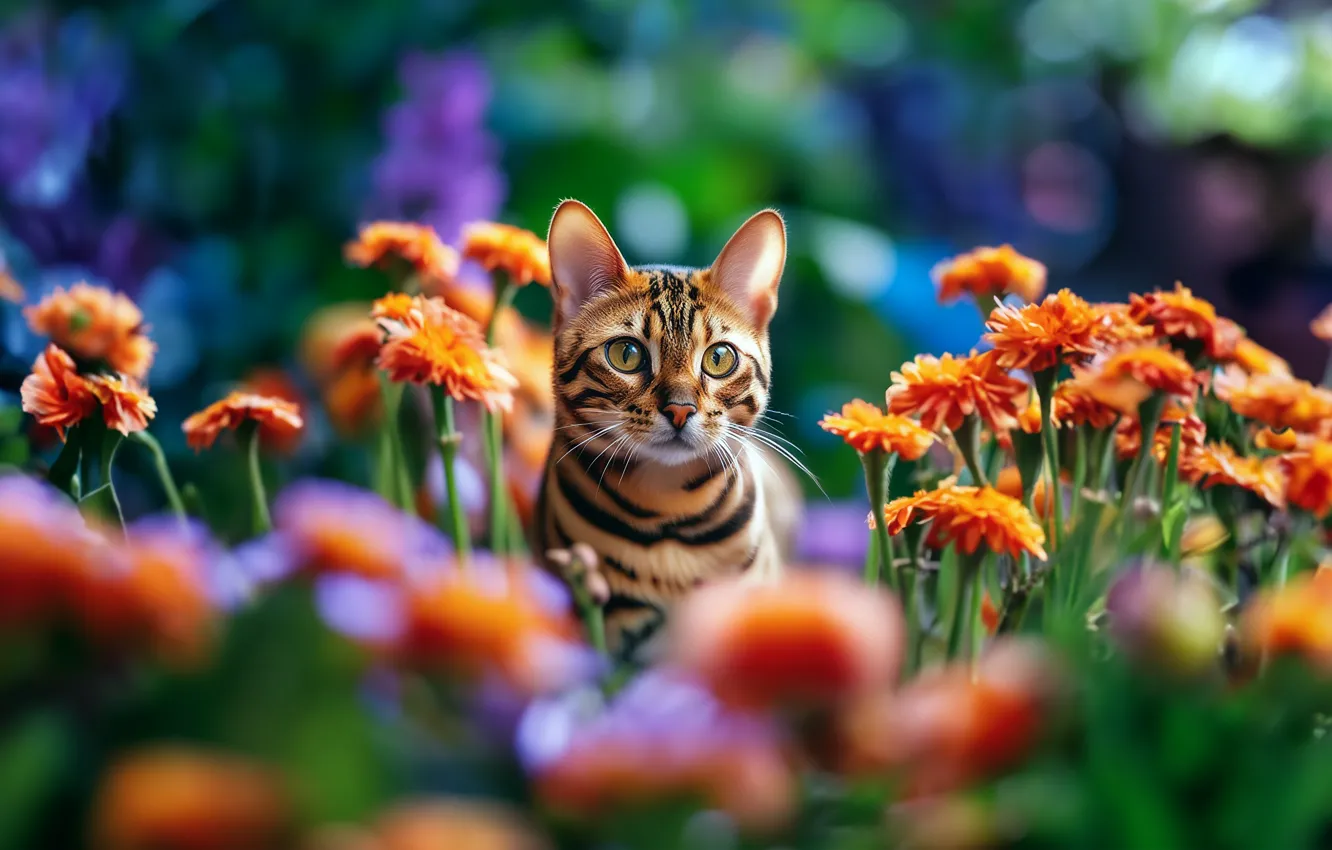 Photo wallpaper cat, flowers, cat, pet