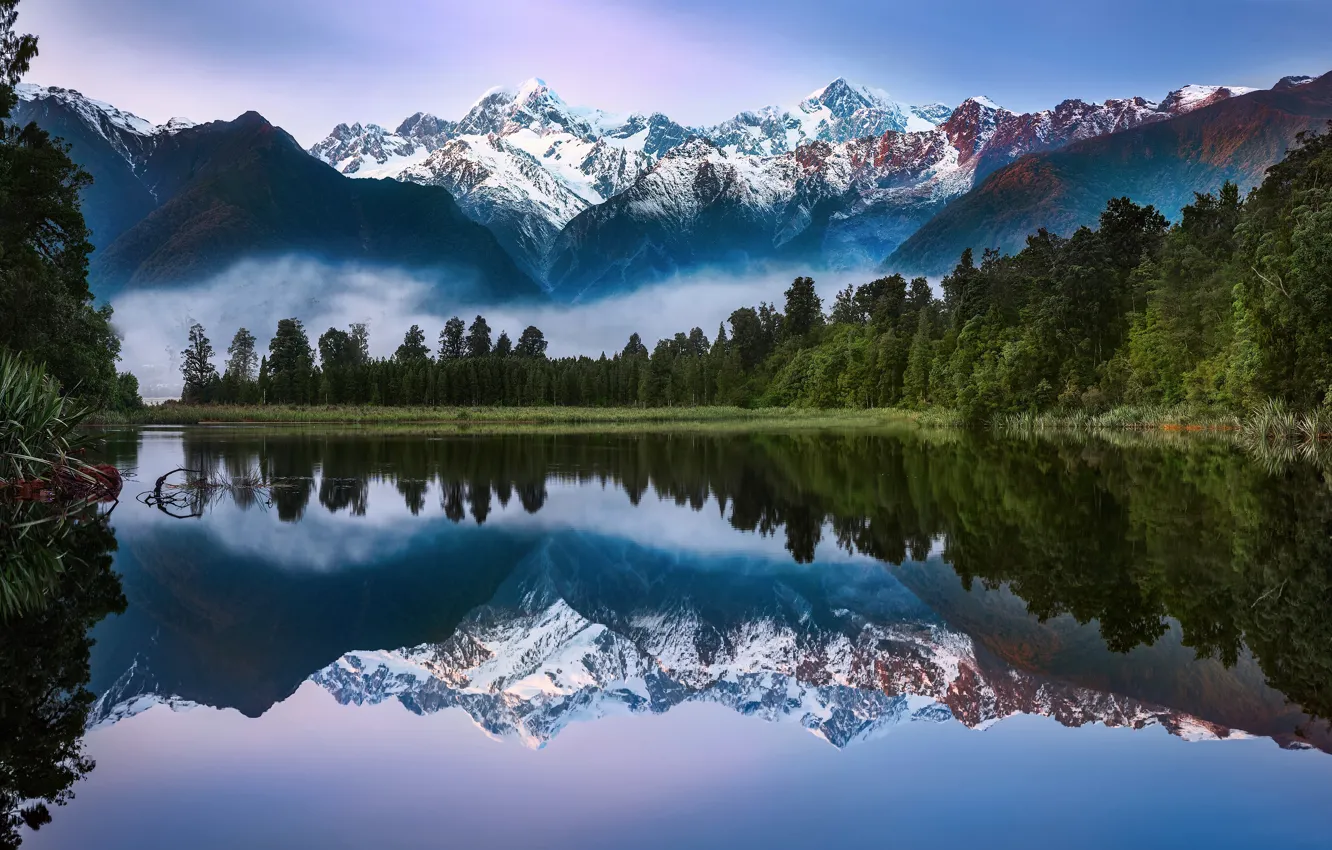 Photo wallpaper forest, snow, mountains, fog, lake, reflection, shore, tops