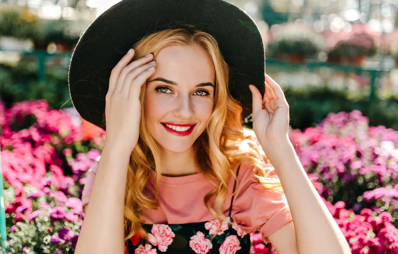 Photo wallpaper summer, girl, joy, flowers, pose, smile, portrait, bouquet