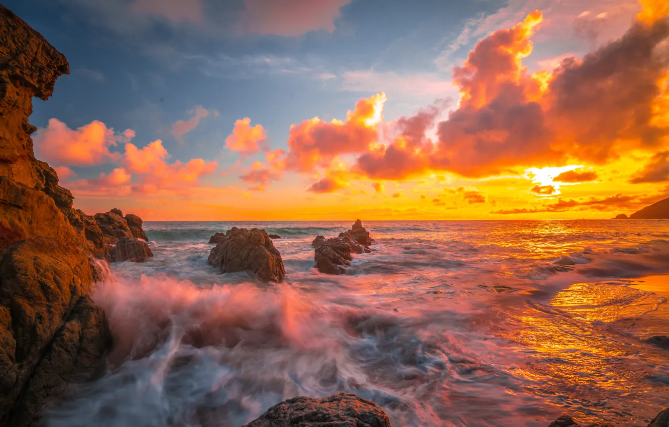 Photo wallpaper sunset, the ocean, rocks, CA, Pacific Ocean, California, The Pacific ocean, Malibu