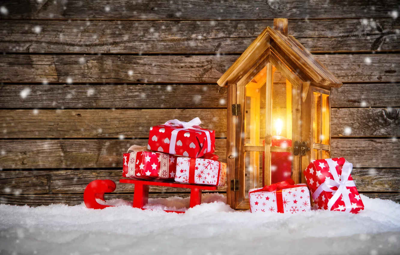 Photo wallpaper snow, candle, New Year, Christmas, lantern, gifts, sled, winter