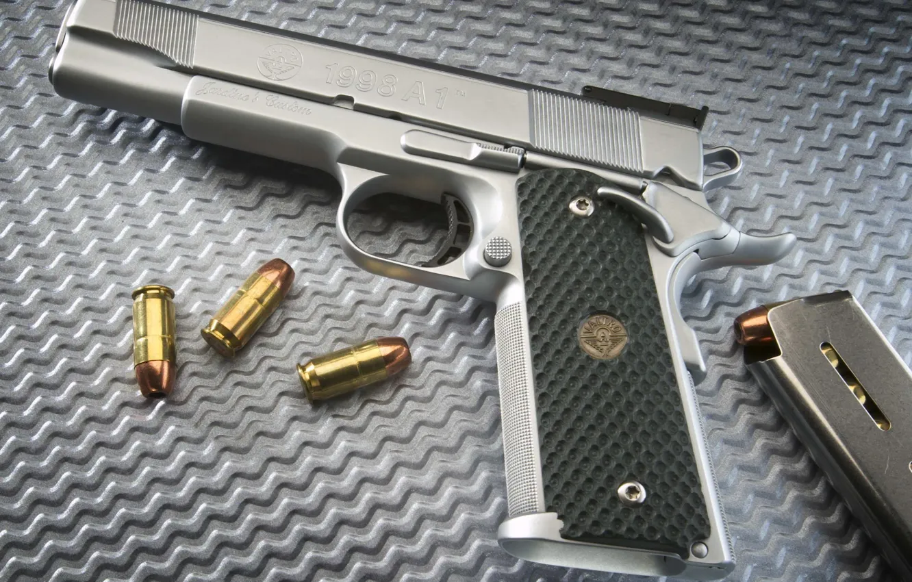 Photo wallpaper gun, trunk, cartridges, shop