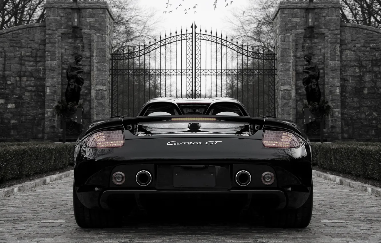 Photo wallpaper black, Porsche, Porsche, black, the gates, back, carrera, Carrera