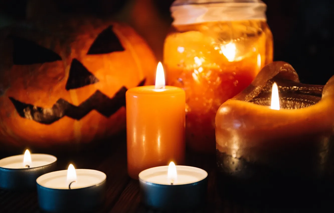 Photo wallpaper holiday, hat, candles, pumpkin, Halloween