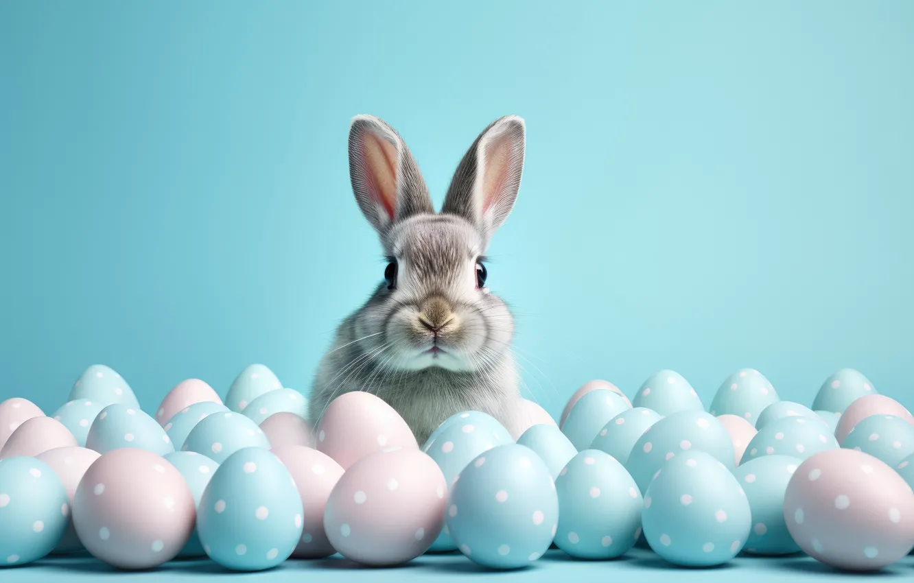 Photo wallpaper look, holiday, blue, hare, eggs, spring, rabbit, Easter