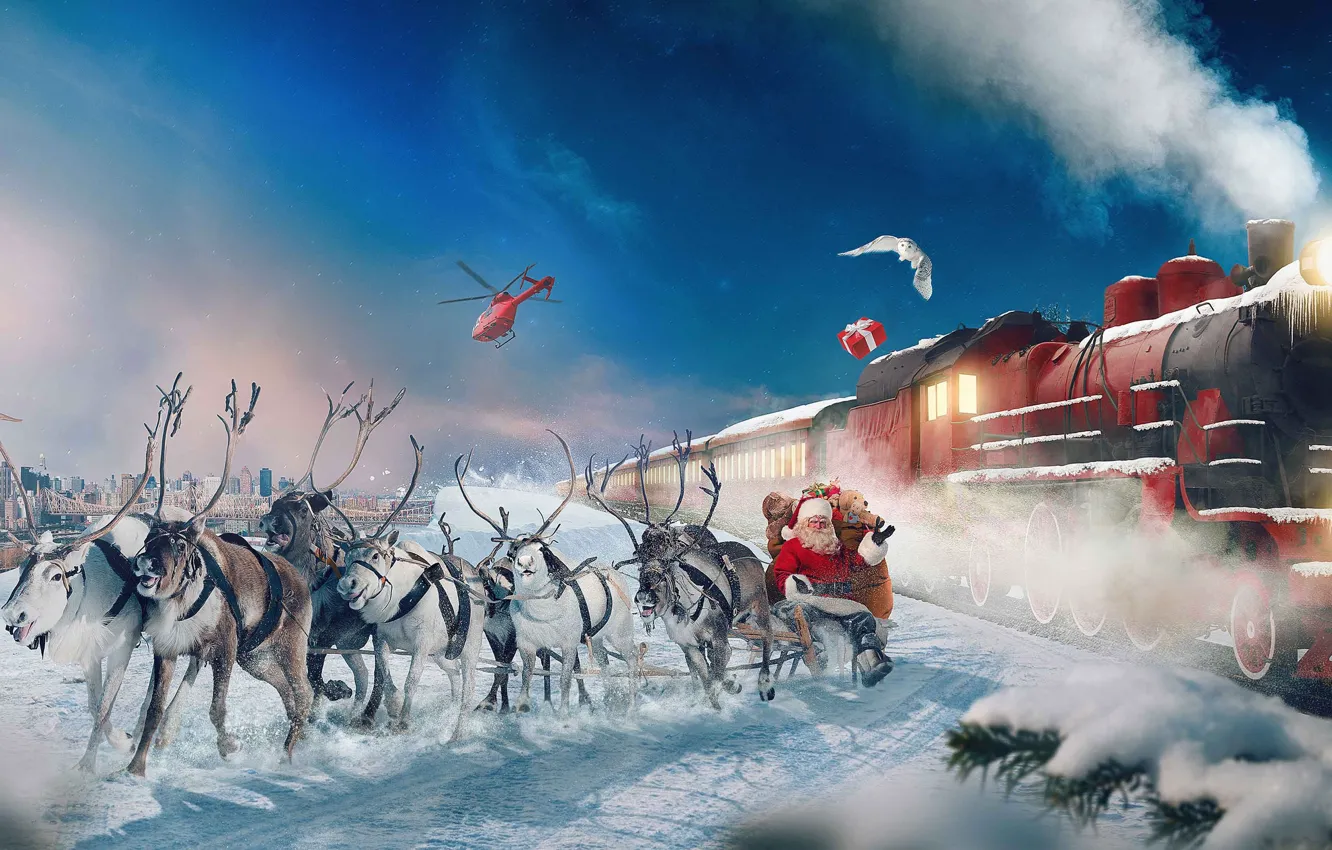 Photo wallpaper winter, snow, the city, holiday, owl, train, New Year, Christmas