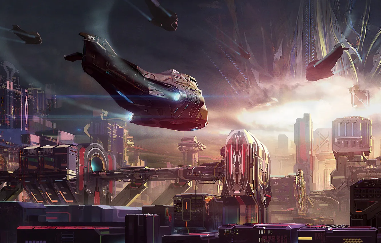 Photo wallpaper city, fantasy, science fiction, sci-fi, digital art, buildings, spaceships, artwork