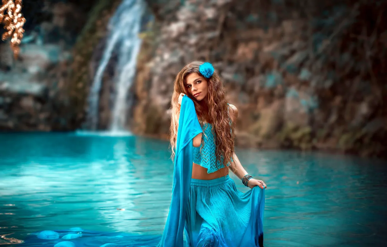 Photo wallpaper nature, lake, model, waterfall, long hair, Stephanos Georgiou, Y Slavcheva