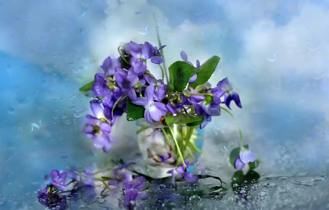 Photo wallpaper glass, flowers, background, rain, drops on glass, violets in a vase