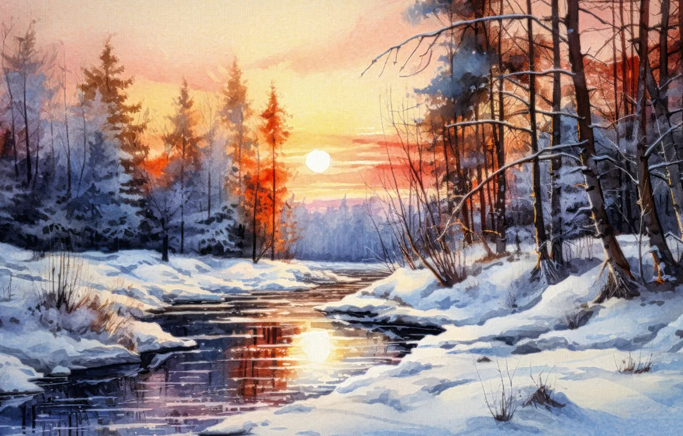 Photo wallpaper winter, forest, snow, trees, landscape, nature, shore, picture