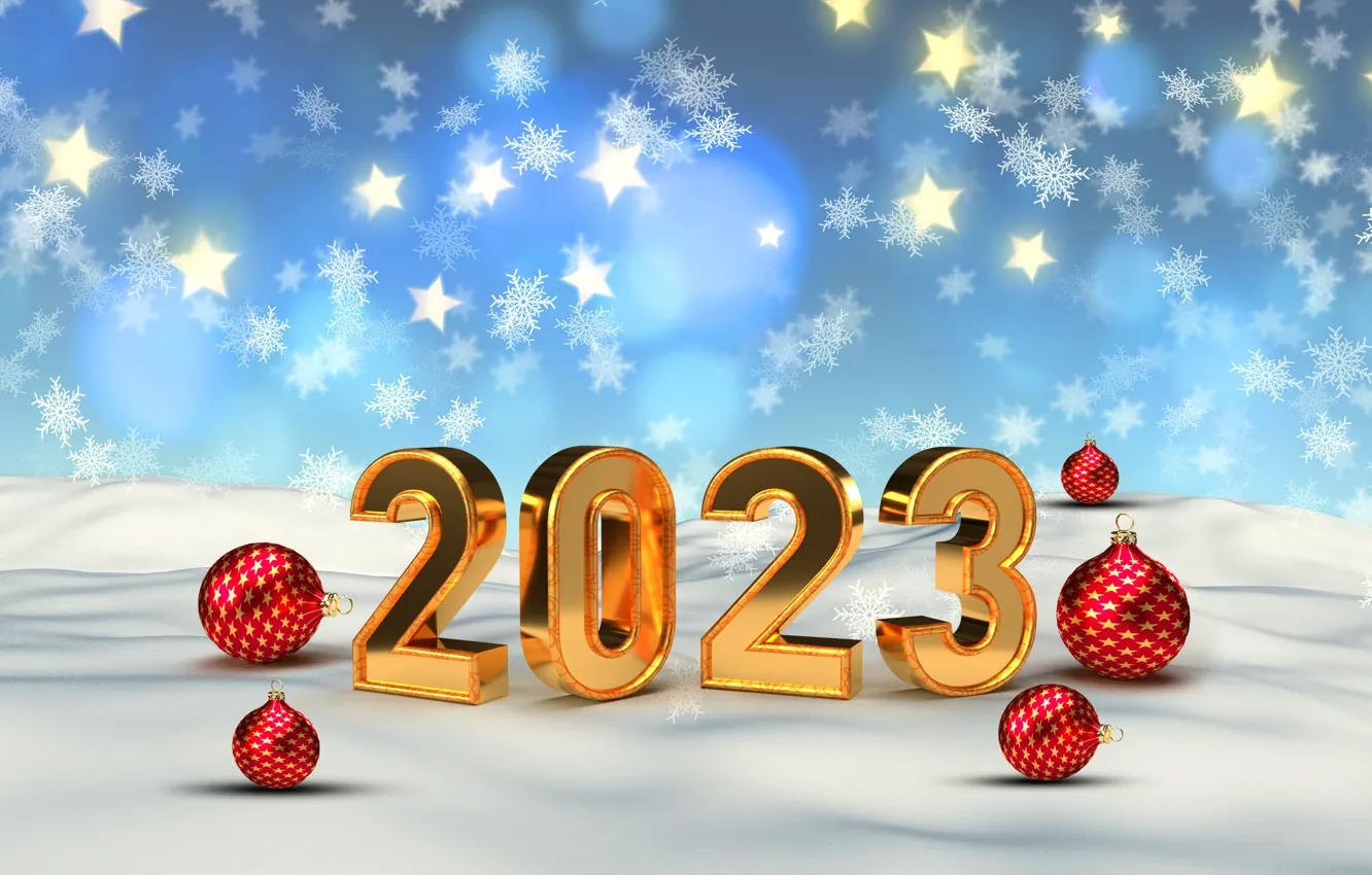 Photo wallpaper winter, snow, snowflakes, balls, new year, figures, metal, golden