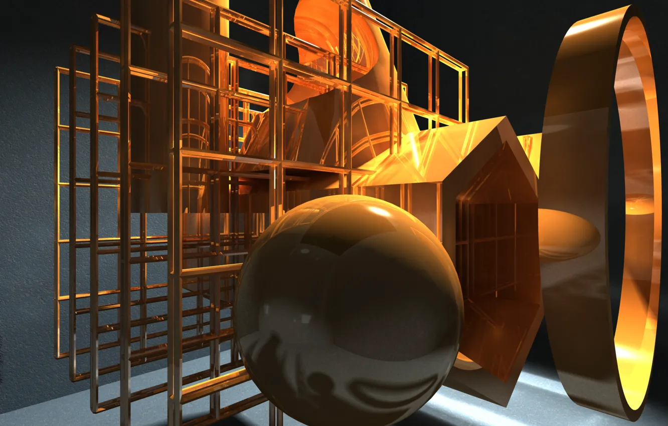 Photo wallpaper orange, reflection, design, composition, simple shapes, 3dmax