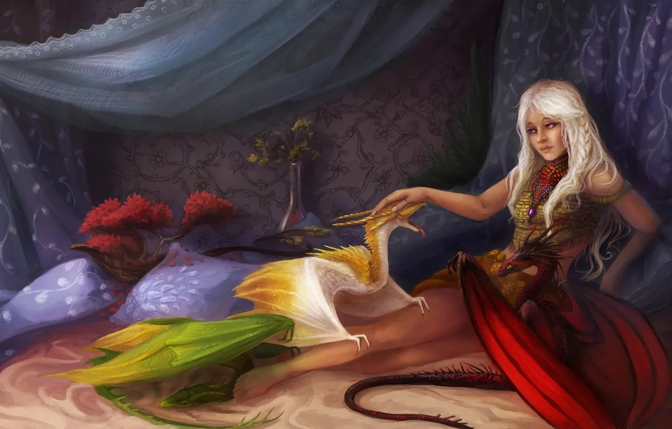Photo wallpaper girl, dragon, bed, pillow, fantasy, art, cub, Game of Thrones