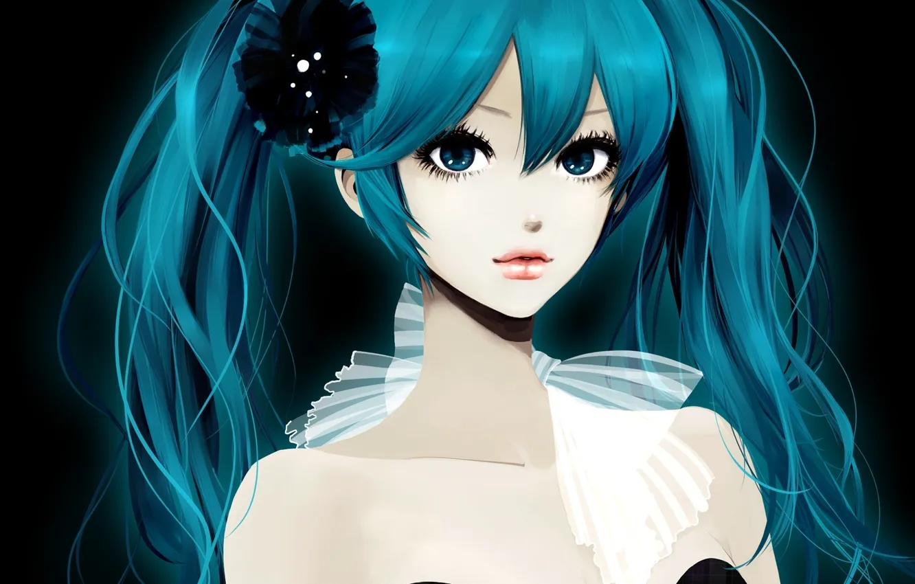 Photo wallpaper eyes, girl, art, vocaloid, hatsune miku, bow, Vocaloid, barrette
