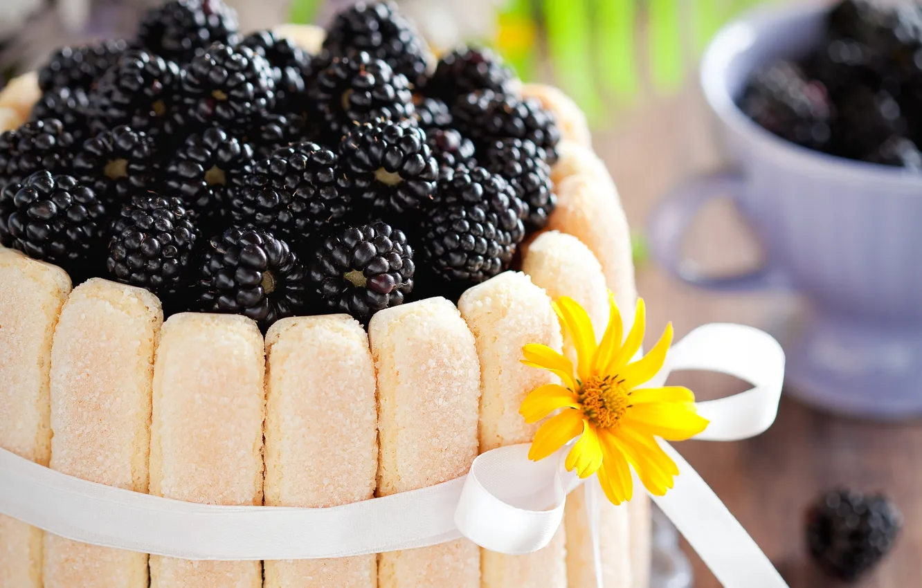 Photo wallpaper flowers, yellow, berries, food, tape, cake, dessert, BlackBerry