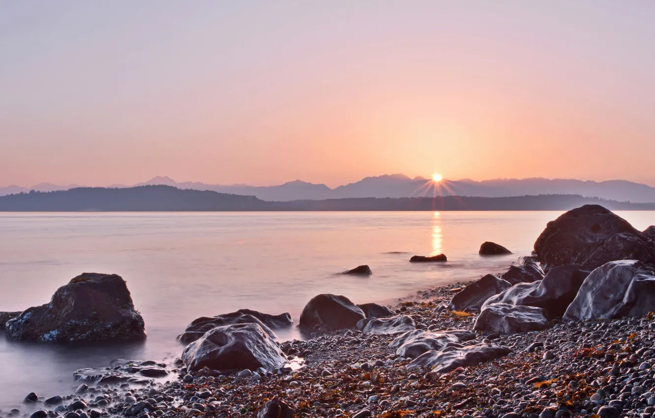 Photo wallpaper lake, stones, dawn, hills