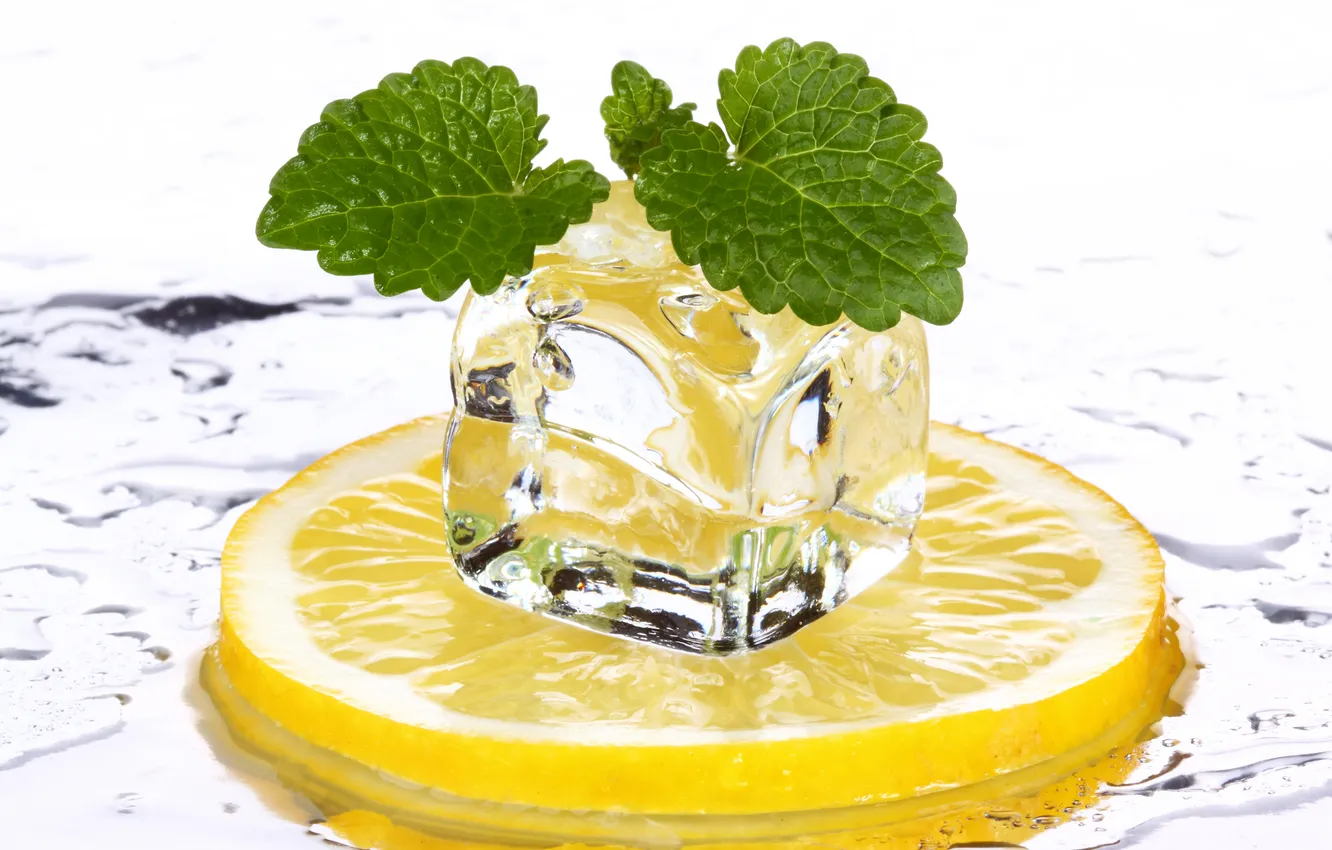 Photo wallpaper ice, lemon, cubes, food, citrus