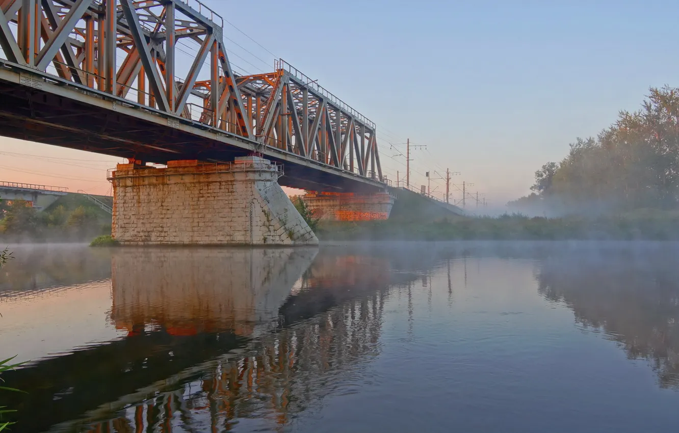 Photo wallpaper landscape, bridge, fog, river