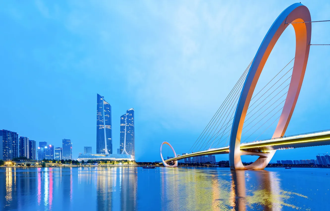 Photo wallpaper sea, bridge, cross, skyscrapers, Bay, sea, bridge, cross