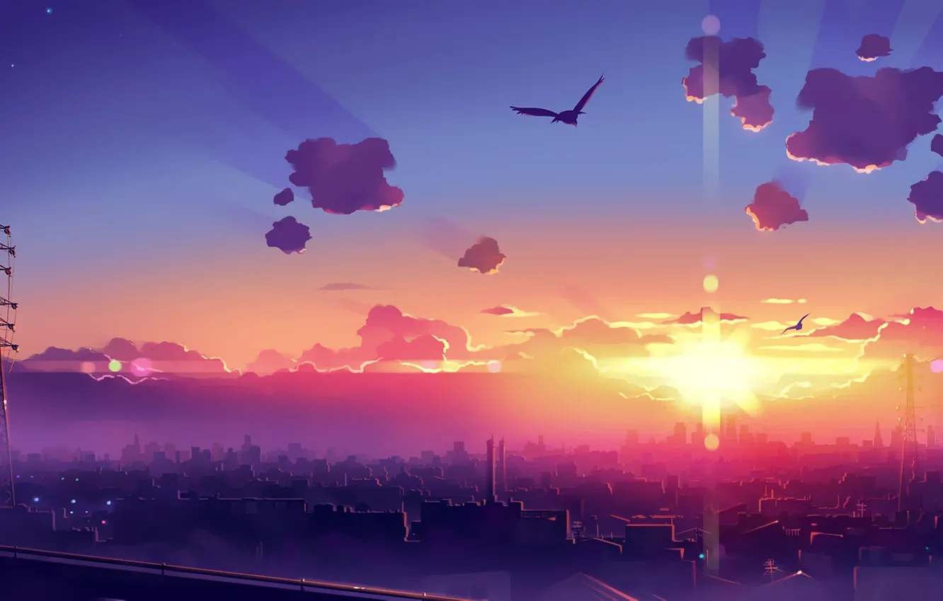 Photo wallpaper the sun, rays, birds, the city, dawn, graphics, home, morning