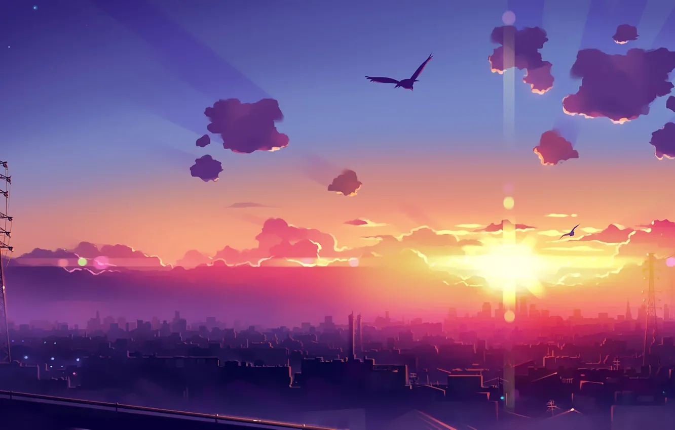 Photo wallpaper the sun, rays, the city, dawn, bird, graphics, home, morning