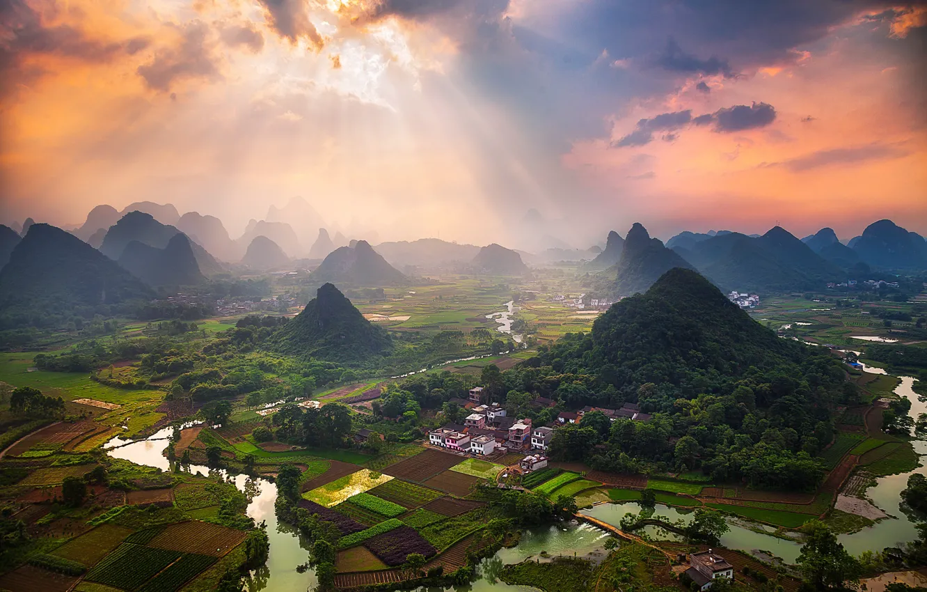 Photo wallpaper the sky, light, mountains, river, hills, home, China, the village