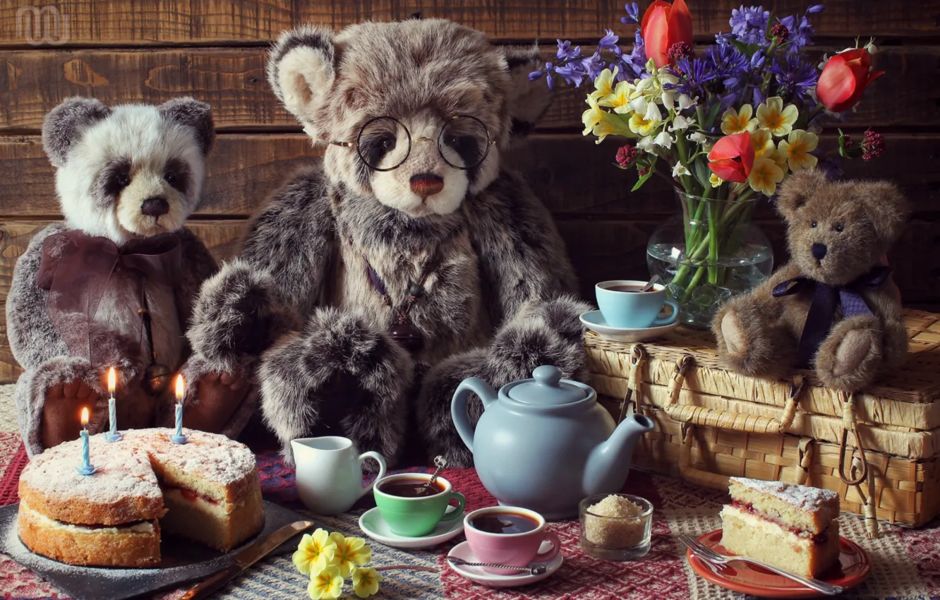 Photo wallpaper flowers, tea, toys, the situation, bouquet, family, bears, the tea party