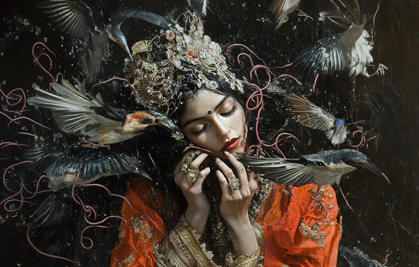 Photo wallpaper girl, bird, Princess, headdress, imitation painting, AI art, neural network