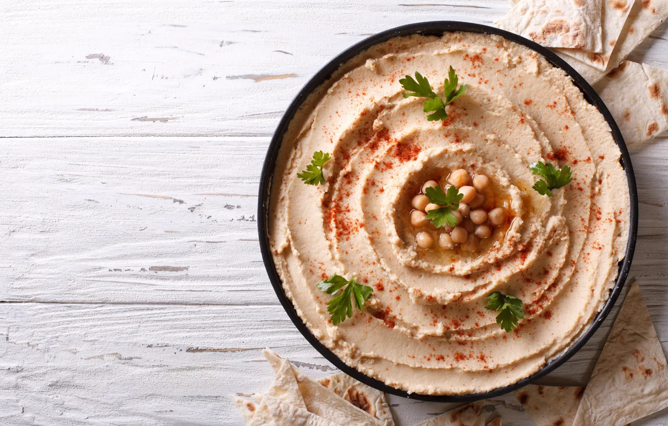 Photo wallpaper parsley, appetizer, pita, chickpeas, hummus