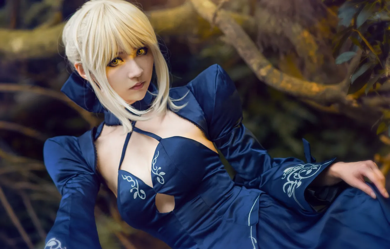 Photo wallpaper forest, chest, look, girl, branches, blue, pose, style