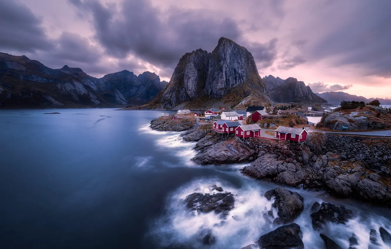 Photo wallpaper mountains, house, pond, Lofoten