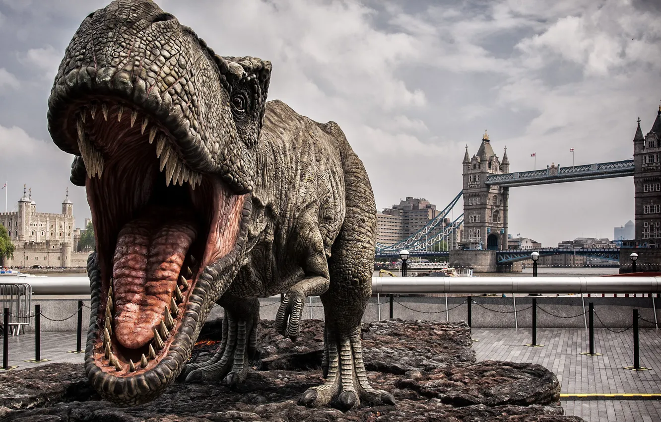 Photo wallpaper bridge, the city, London, dinosaur, predator, mouth, fangs, exhibition