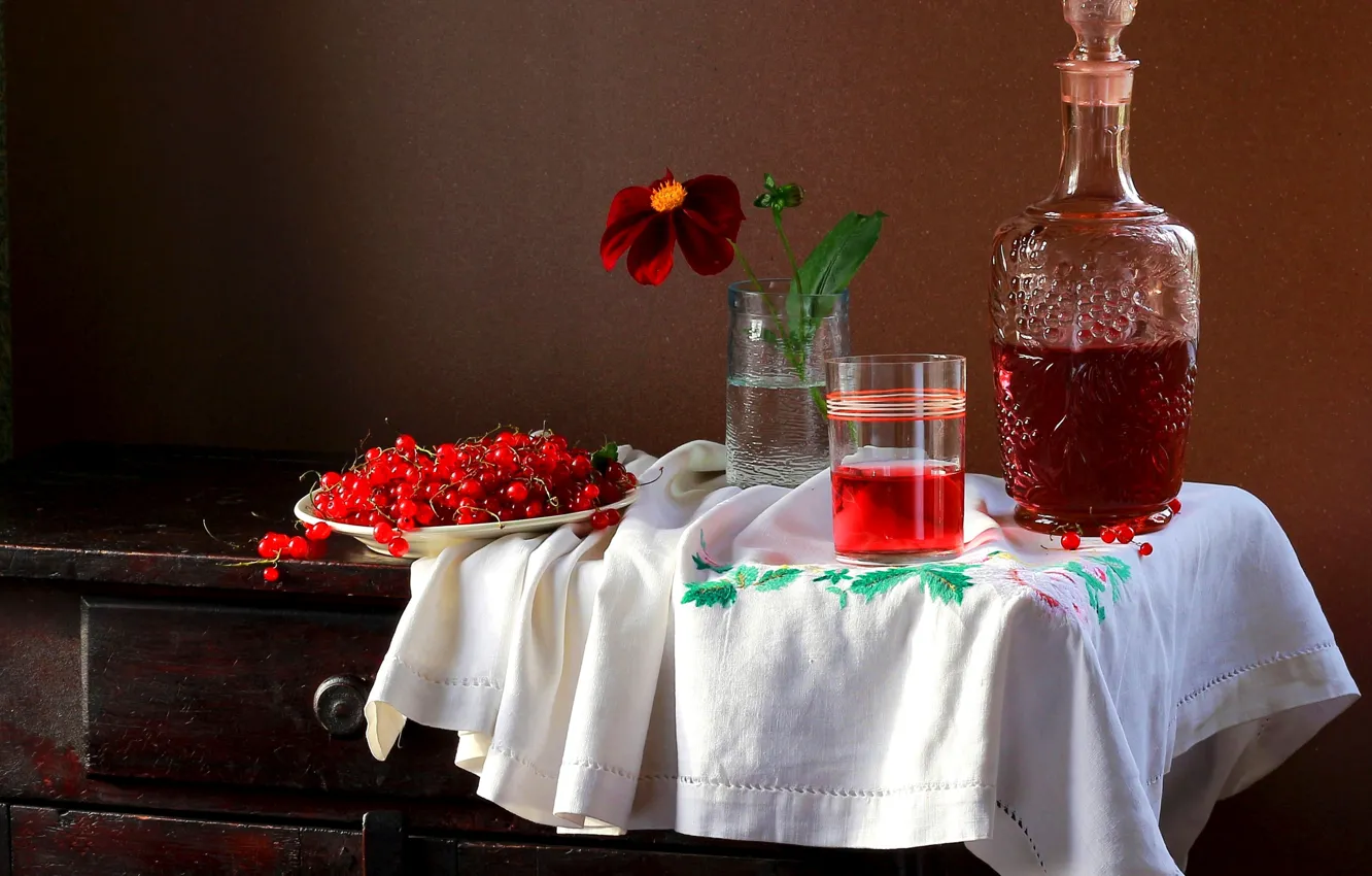 Photo wallpaper flowers, red, glass, berries, table, wine, juice, plate