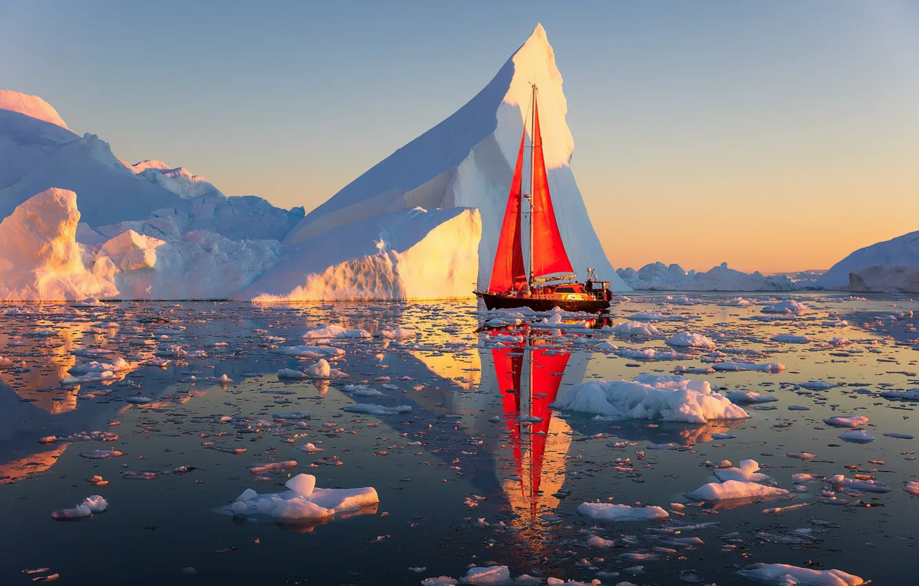 Photo wallpaper ice, landscape, nature, reflection, the ocean, boat, sailboat, morning